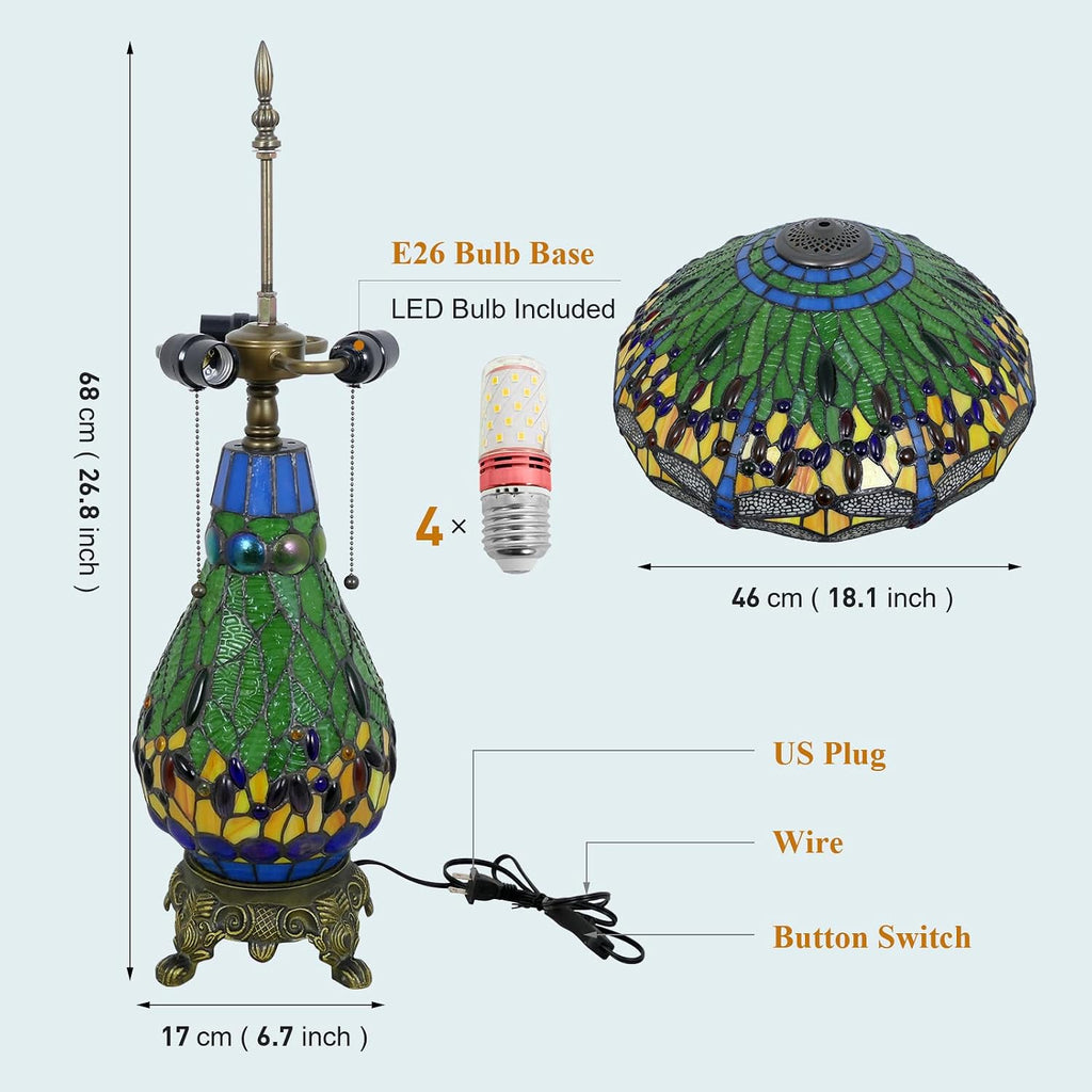 Tiffany Style Table Lamp Green Dragonfly Tiffany Lamp Handmade Stained Glass Lamp 18x18x27 Inches Desk Reading Light for Bedroom Living Room Home Office Decoration, LED Bulb Included