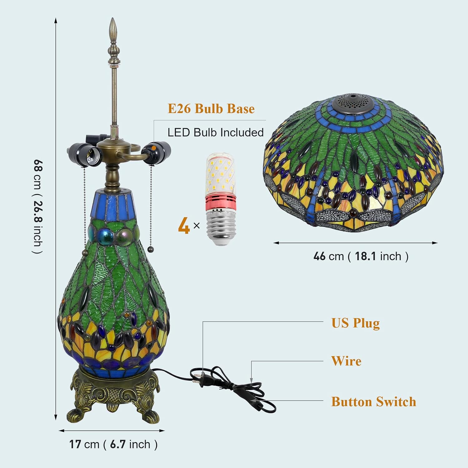 Tiffany Style Table Lamp Green Dragonfly Tiffany Lamp Handmade Stained Glass Lamp 18x18x27 Inches Desk Reading Light for Bedroom Living Room Home Office Decoration, LED Bulb Included
