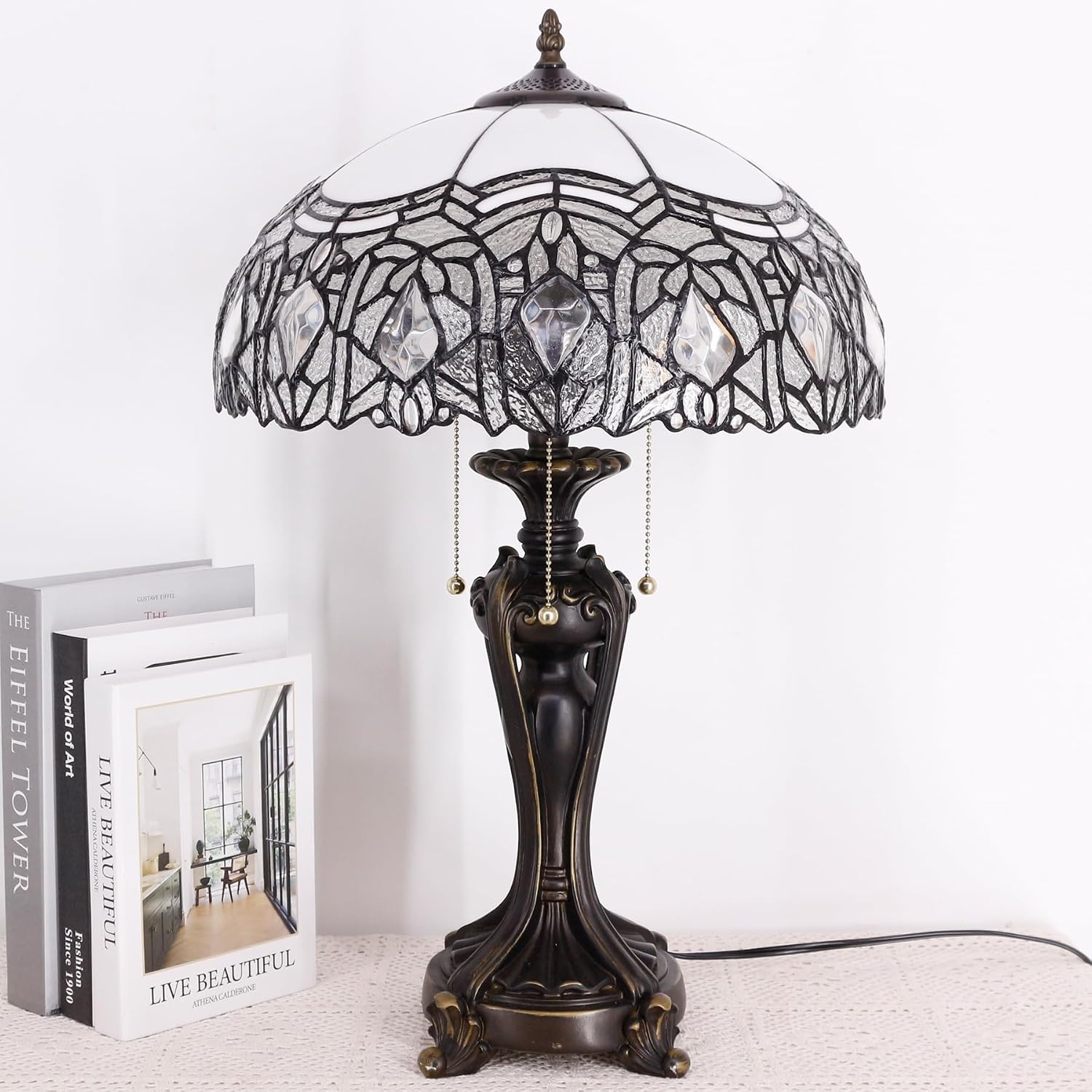 Large Tiffany Lampshade Replacement Only Colored Glass Lampshade 16 Inches Suitable for Desk Lamps, Floor Lamps, Pendant Lamps, Home and Office Decoration (White Baking Bend)