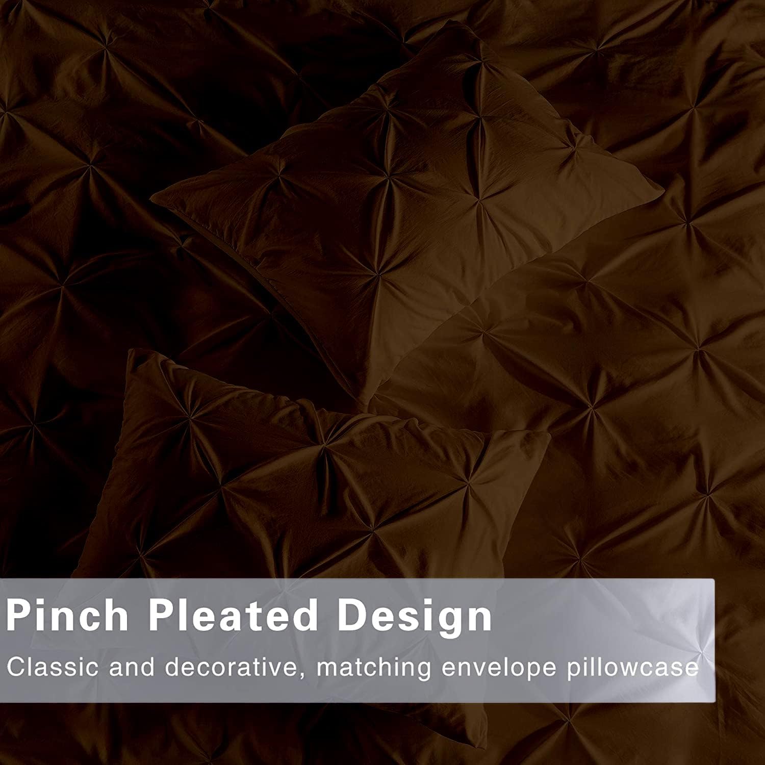 Pinch Pleated 3pc Duvet Cover Set 100% Egyptian Cotton 1000-TC Zipper & Corner Ties Rectangle Pattern Decorative Pintuck (All Queen 90x90 Size, Chocolate)