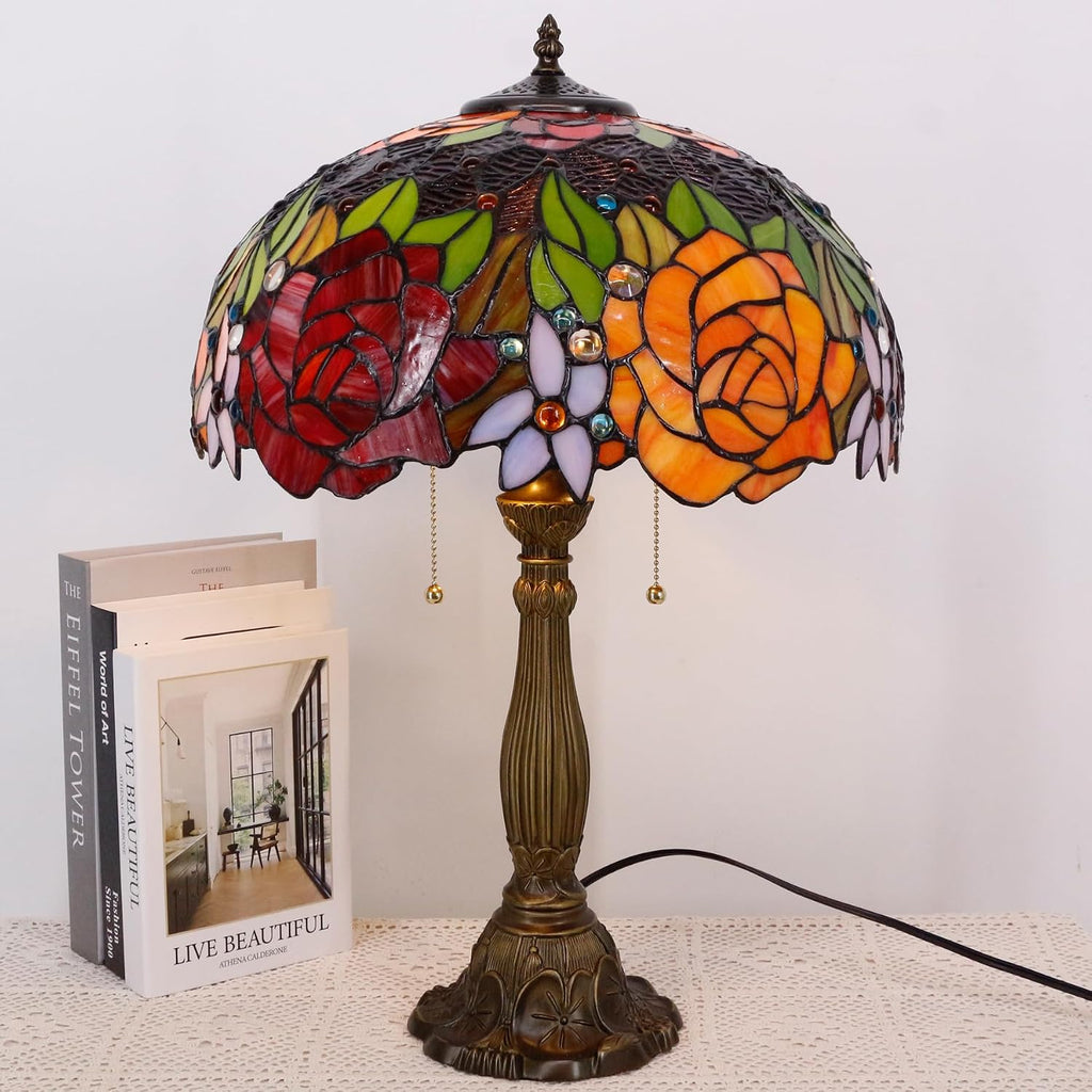 Large Tiffany Lamp Shade Replacement Only 16Inch Stained Glass Lampshade Fit For Table Lamps FLoor Lamp Ceiling Fixture Pendant Hanging Light Home Office Decoration (Red Yellow Roses)