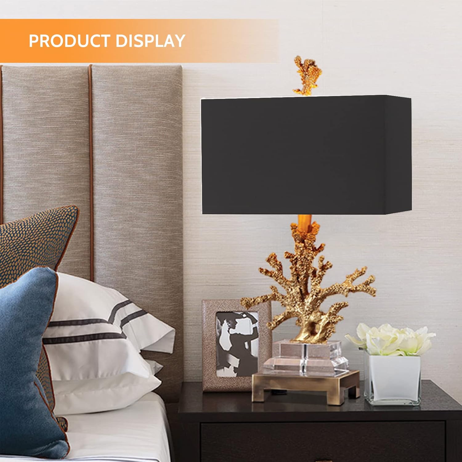 PURESILKS 27' Crystal Table Lamp,Gold Coral Design and Rectangular Fabric Shade,Nordic Style LED Desk Lamp Modern Bedside Table Lamp for Bedroom,Living Room, Office