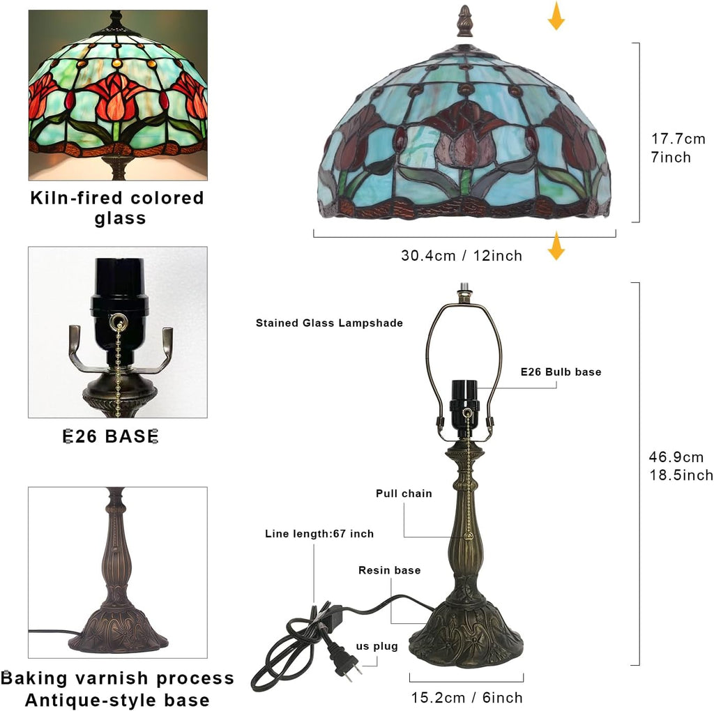 Stained Glass Tulip Table Lamp, Vintage Tiffany Style Reading Light, 12x12x19 Inch Antique Art Glass Desk Lamp for Home Office Bedroom Decor