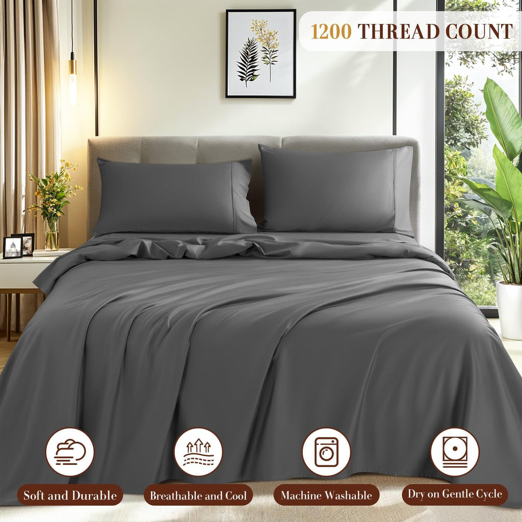 1200 Thread Count Cotton Sheets, 100% Egyptian Cotton Sheet for Queen Size Bed,Very Smooth Soft with 18' Deep Pocket Sheets 4-Pc Sets (Charcoal Grey, Queen)