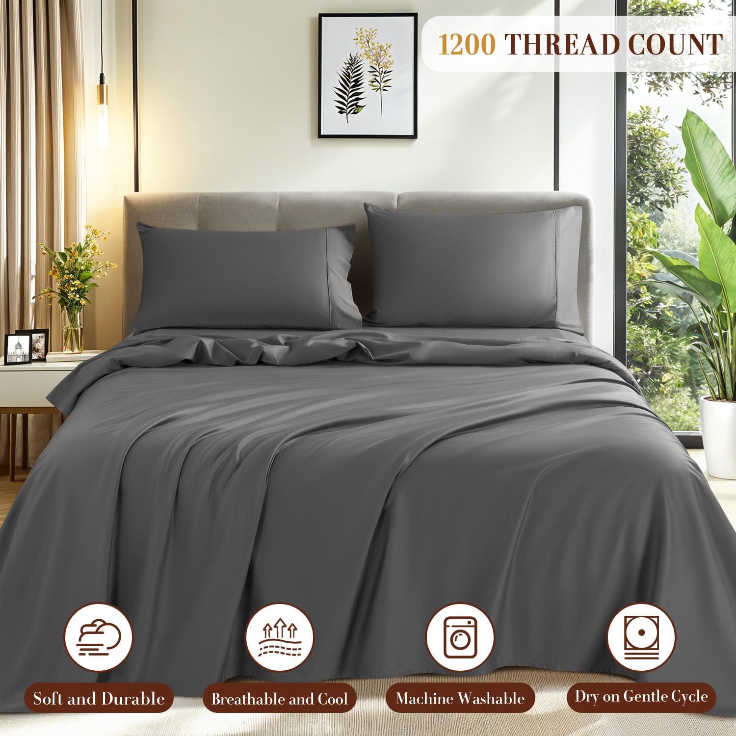 1200 Thread Count Cotton Sheets, 100% Egyptian Cotton Sheet for Queen Size Bed,Very Smooth Soft with 18' Deep Pocket Sheets 4-Pc Sets (Charcoal Grey, Queen)