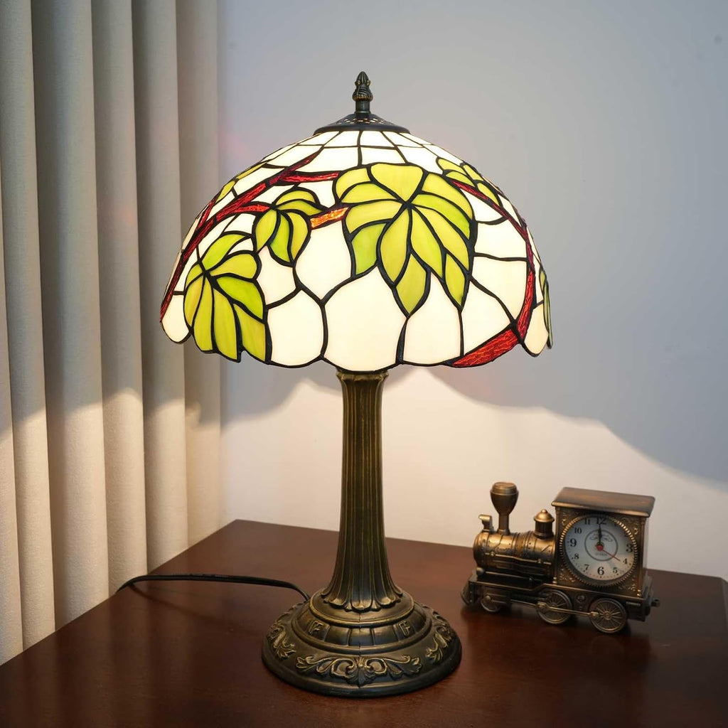Tiffany Style Table lamp with Green Leaf Stained Glass lamp 12 Inch Retro Bronze Base Bedside Lamp Bedroom，Living Room, Bar, Restaurant Hotel French Countryside Style Decorative Ambient Light