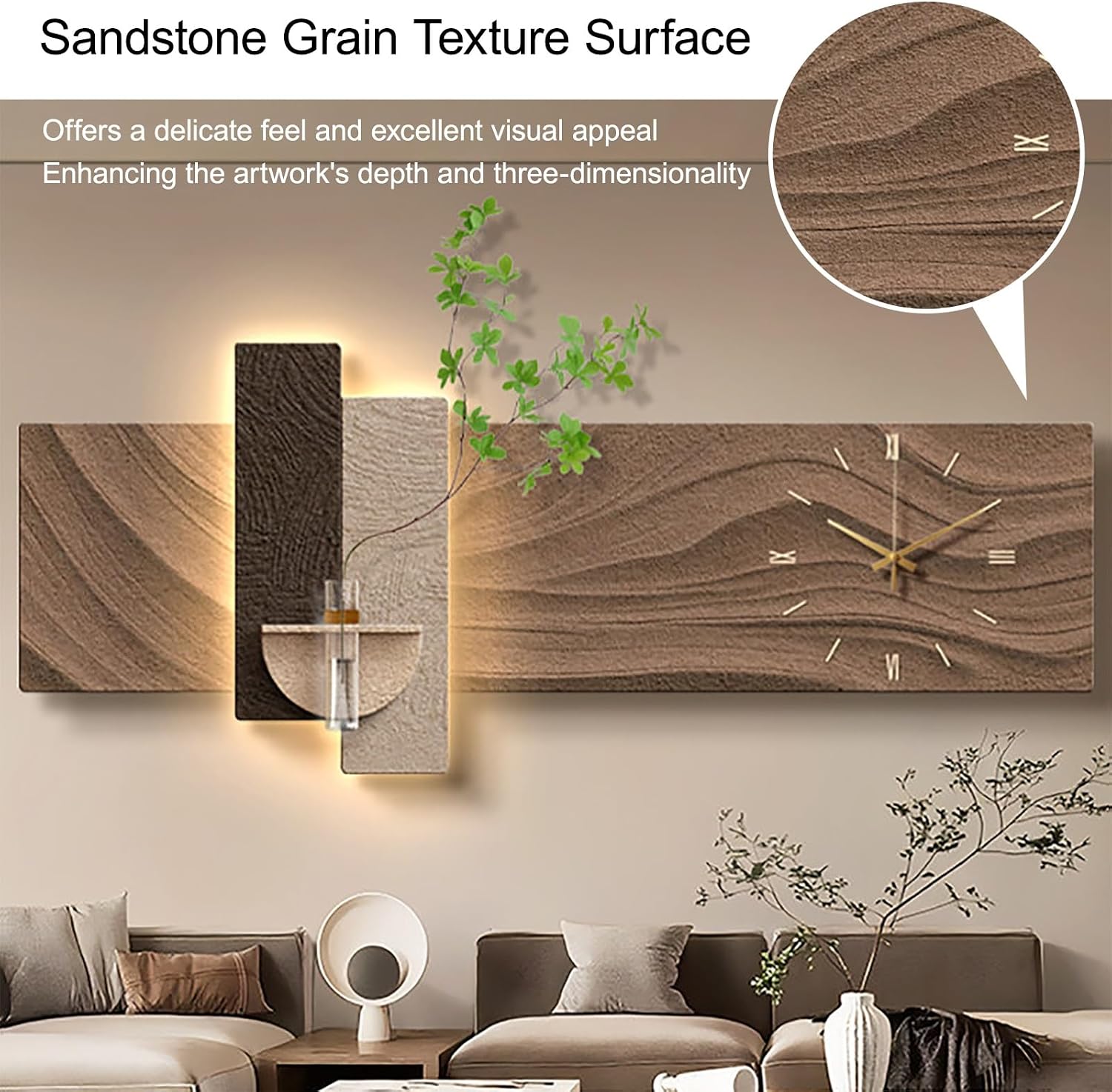 PAKMEZ Plug-in Power Supply Sandstone Wall Art with Clock, Sandstone Decor Wall Art Painting with Vase and Fake Plant, Home Decor for Living Room Office Study(Gray,120 * 48cm/47.2 * 18.9in)