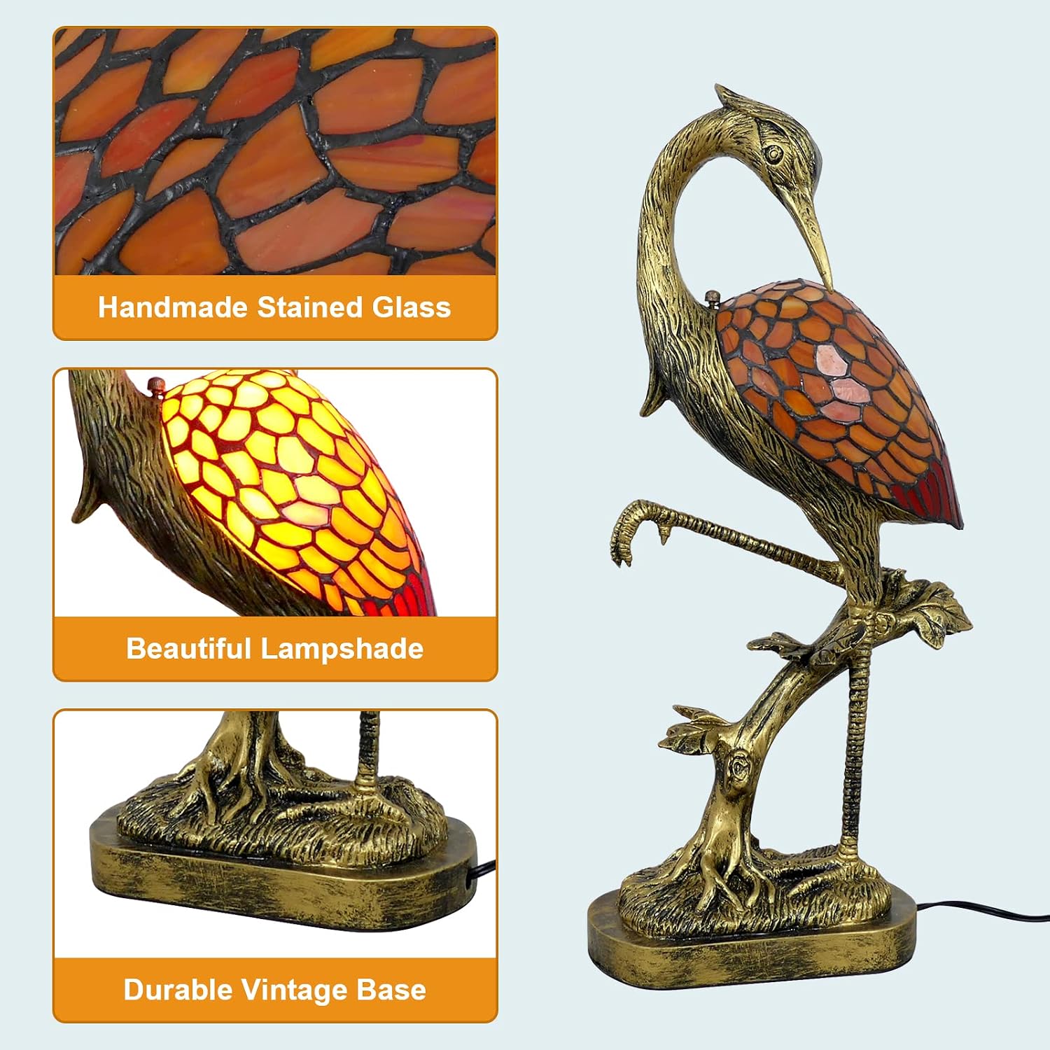 Orange Handmade Stained Glass Tiffany Table Lamp, 21.7in LED, Vintage, Decoration, Bedroom, Living Room, Office