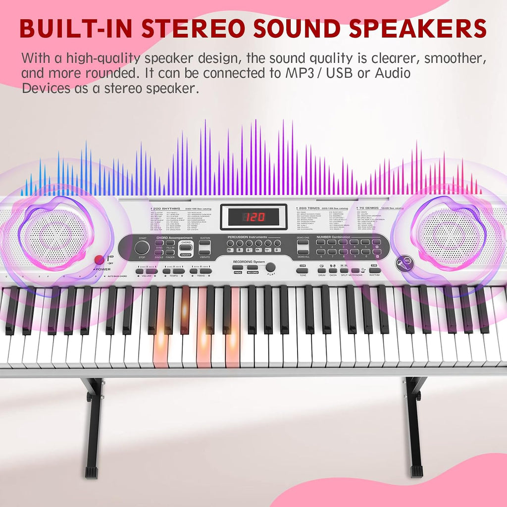 Fenbeli 61 Key Keyboard Piano for Beginners, Electric Piano Keyboard with Stand and Bench, Microphone, Headphone, Sheet Music Stand, LED Screen, 200 Tones, Teaching Mode, Holiday Gift