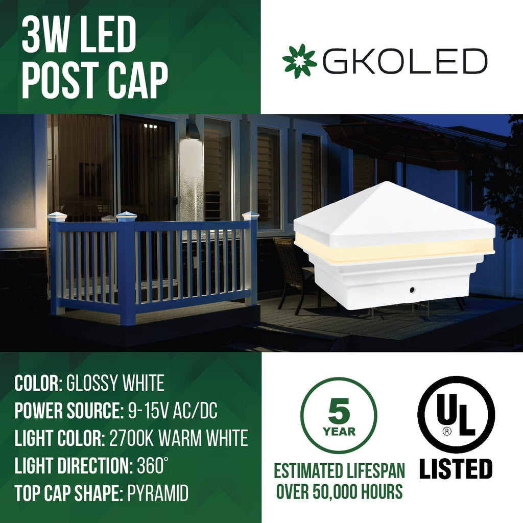 GKOLED Low Voltage Pyramid Post Cap Light, 3W 12V AC/DC, for 4'x4' and 3.5'x3.5' Wood or Vinyl Posts, 2700K Warm White, IP65 Rated Waterproof for Outdoor, White (Pack of 2)
