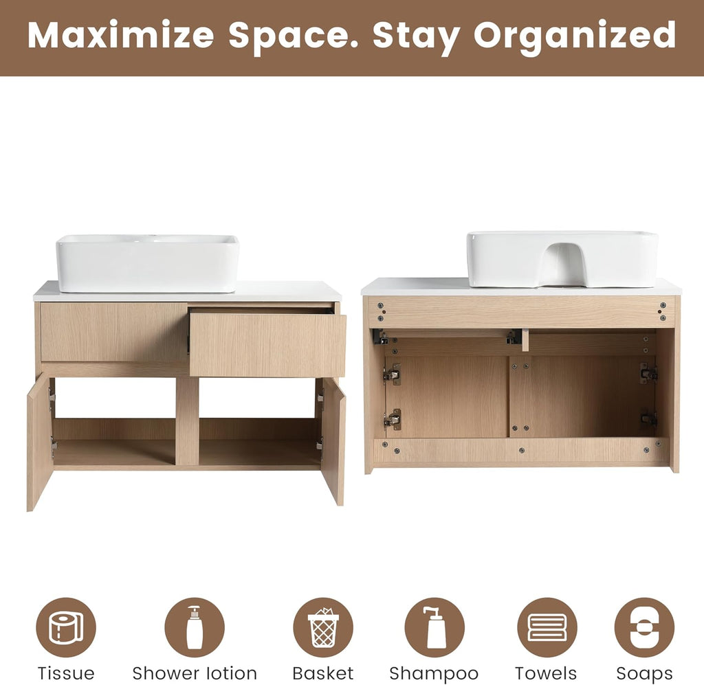 32 Inch Floating Bathroom Vanity with Sink, Modern Wall Mounted Cabinet, Ceramic Vessel Basin, 2 Soft Close Doors and 2 Drawer, White Oak