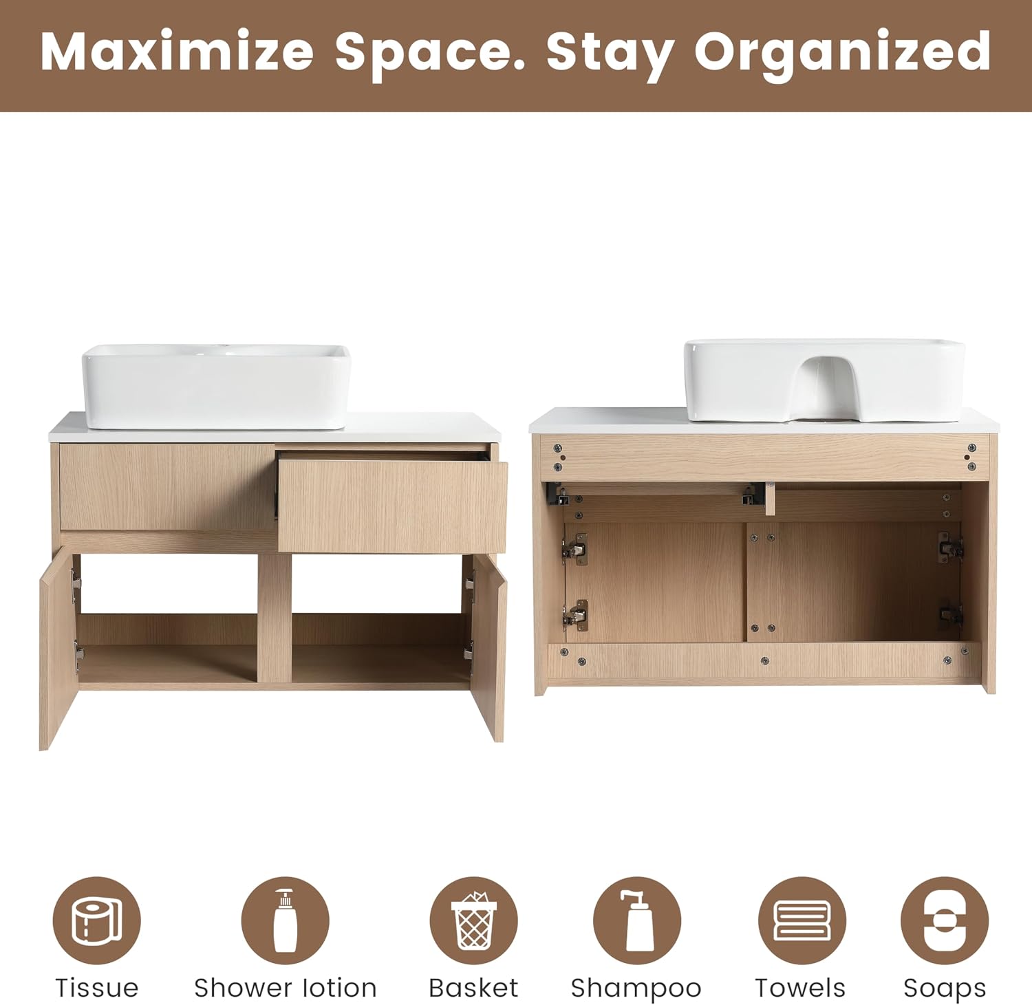 32 Inch Floating Bathroom Vanity with Sink, Modern Wall Mounted Cabinet, Ceramic Vessel Basin, 2 Soft Close Doors and 2 Drawer, White Oak