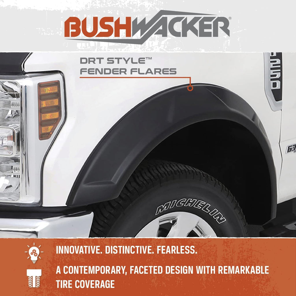 Bushwacker DRT Extended Front & Rear Fender Flares | 4-Piece Set, Black, Smooth Finish | 20951-02 | Fits 2017-2022 Ford F-250 w/ 6.8' or 8.2' Bed, F-350 Super Duty w/ 8.2' Bed