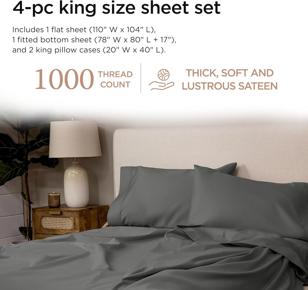 Threadmill Certified 100% American Supima Cotton Sheets, 1000 Thread Count King Size Sheets, 4 Pc Luxury Bed Sheets Set, Hotel Quality Sateen Weave, Dark Grey Sheet with Elasticized Deep Pocket