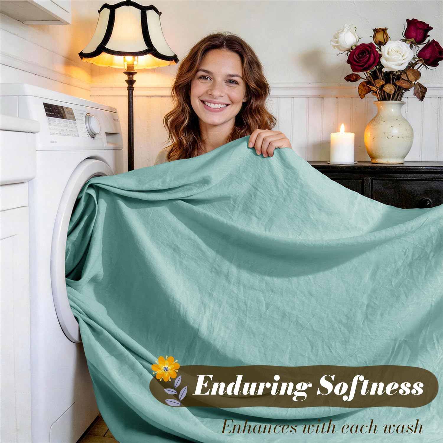SONORO KATE 100% French Pure Linen Sheets, Breathable and Durable Linen Queen Size Sheets, Anti-Tear Linen Bed Sheets, Machine Washable, 16 Inch Deep Pocket - 4 Piece (Aqua, Queen)