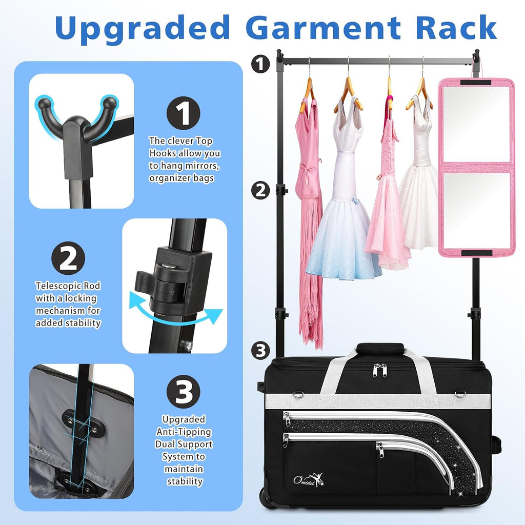 Dance Bag with Garment Rack, 28' Rolling Dance Suitcase Competition Duffle Bag with Garment Rack & Wheels | Versatile Compartments, Upgraded Stable System for Dance Shows, Travel, Cheer, Recital