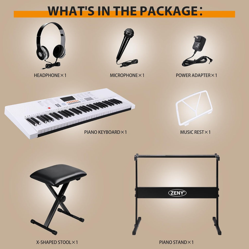 ZENY 61-Key Portable Electric Keyboard Piano with Built In Speakers, LED Screen, Headphones, Microphone, Piano Stand, Music Sheet Stand and Stool (White)