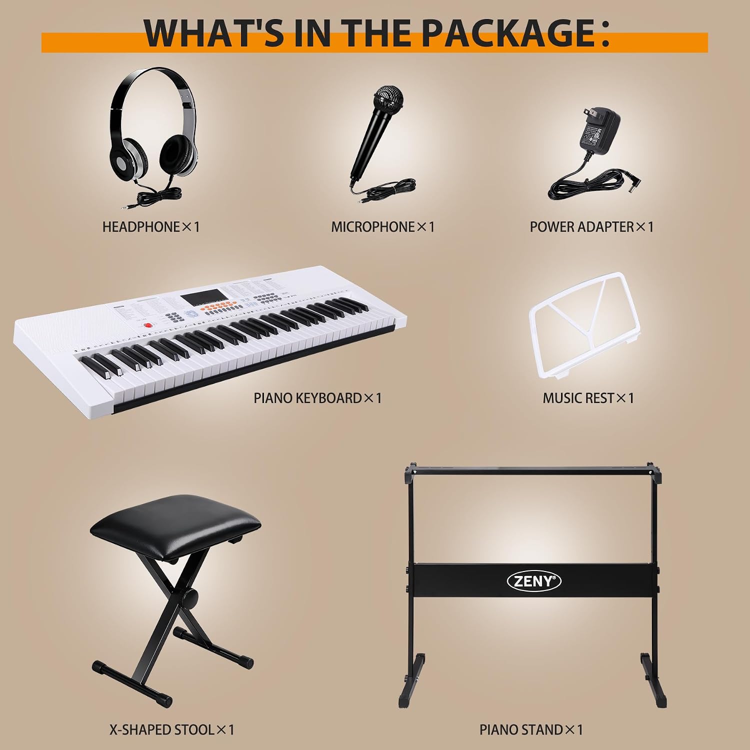 ZENY 61-Key Portable Electric Keyboard Piano with Built In Speakers, LED Screen, Headphones, Microphone, Piano Stand, Music Sheet Stand and Stool (White)