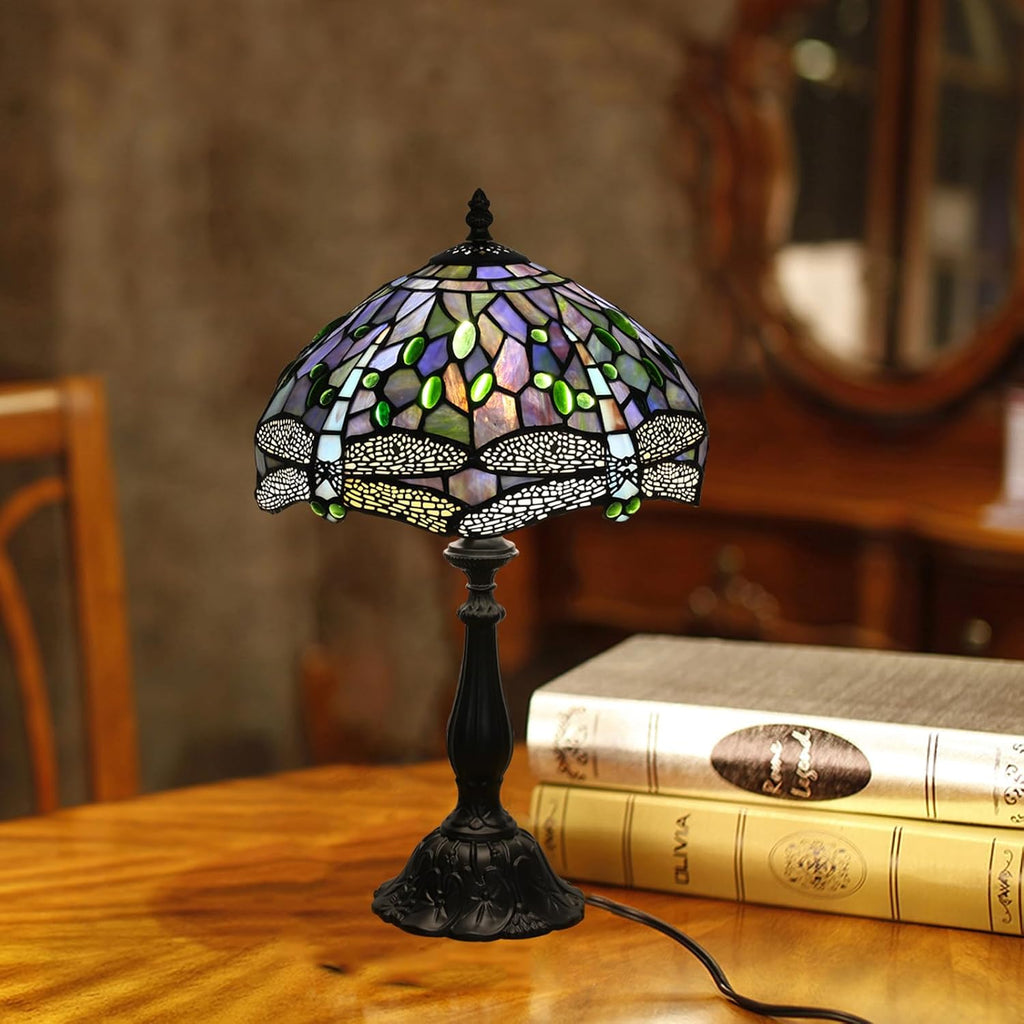 Tiffany Table Lamp Blue Dragonfly Stained Glass Table Lamps for Bedroom 12X12X19Inch 3 Way Color Temperatures Bedside Nightstand Home Office Desk Lamp Reading Lights with E26 LED Bulb