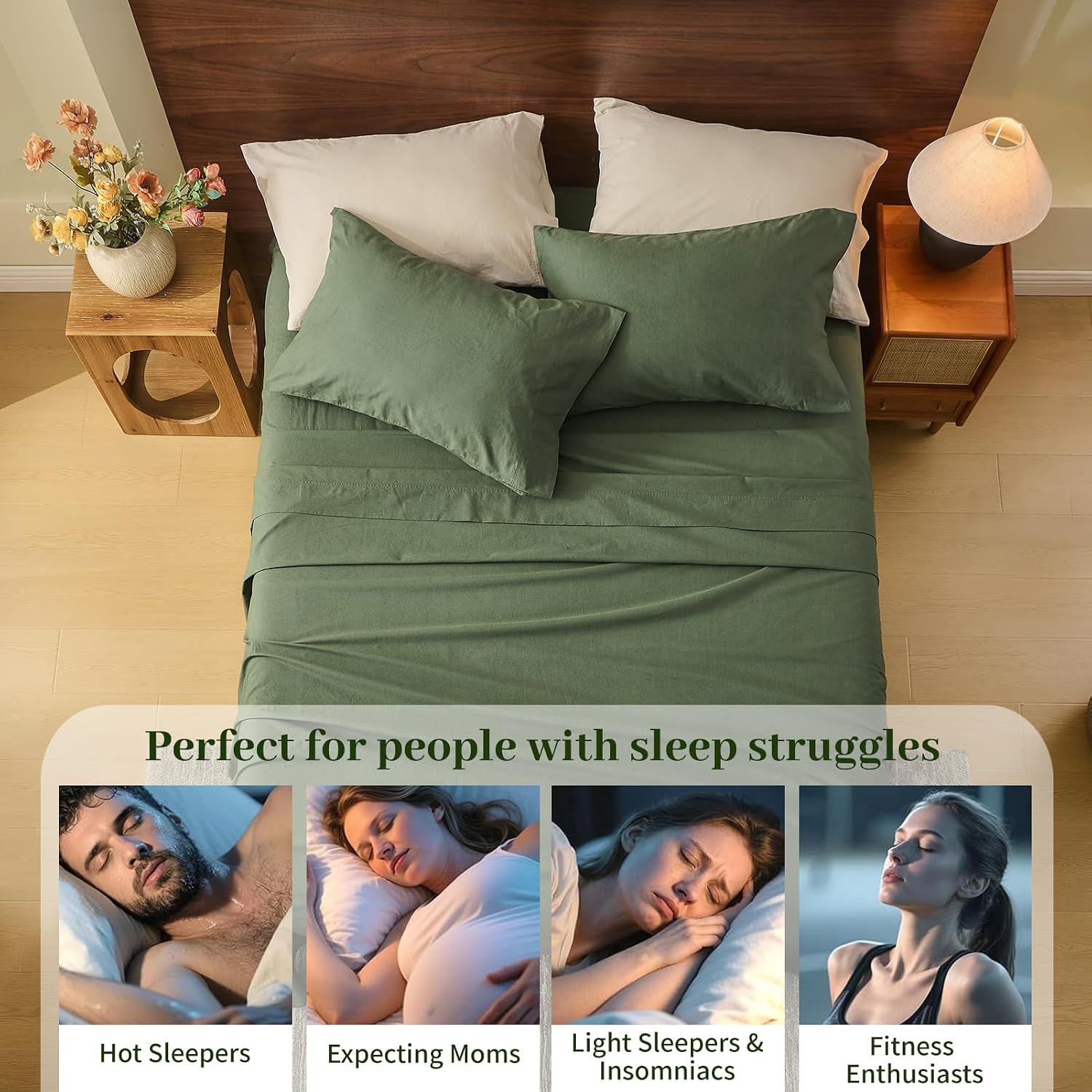 MEISHANG 100% French Pure Linen Sheets Queen Size - Bed Sheets 4 Piece Sets, Soft Durable Flax Linen, Anti-Tear Breathable Oeko-Tex Certified with 16' Deep Pocket (Forest Green)