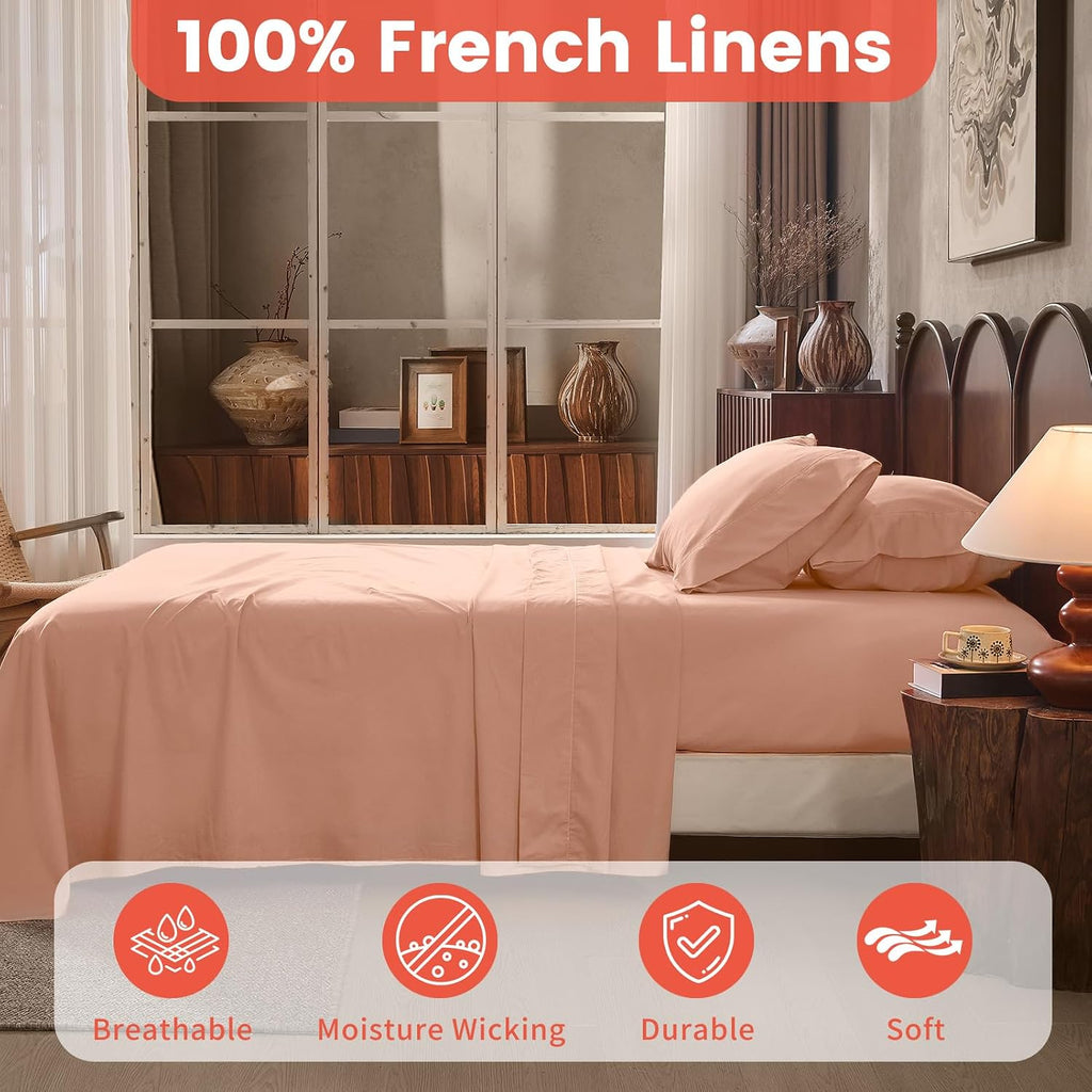 100% Linen Sheets Queen Size,Breathable & Durable 4-Piece Bed Flax Sheet Set,Soft All-Season Bedding for Hot Sleepers 16' Deep Pocket Oeko-TEX Certified,（Queen, Light Red）