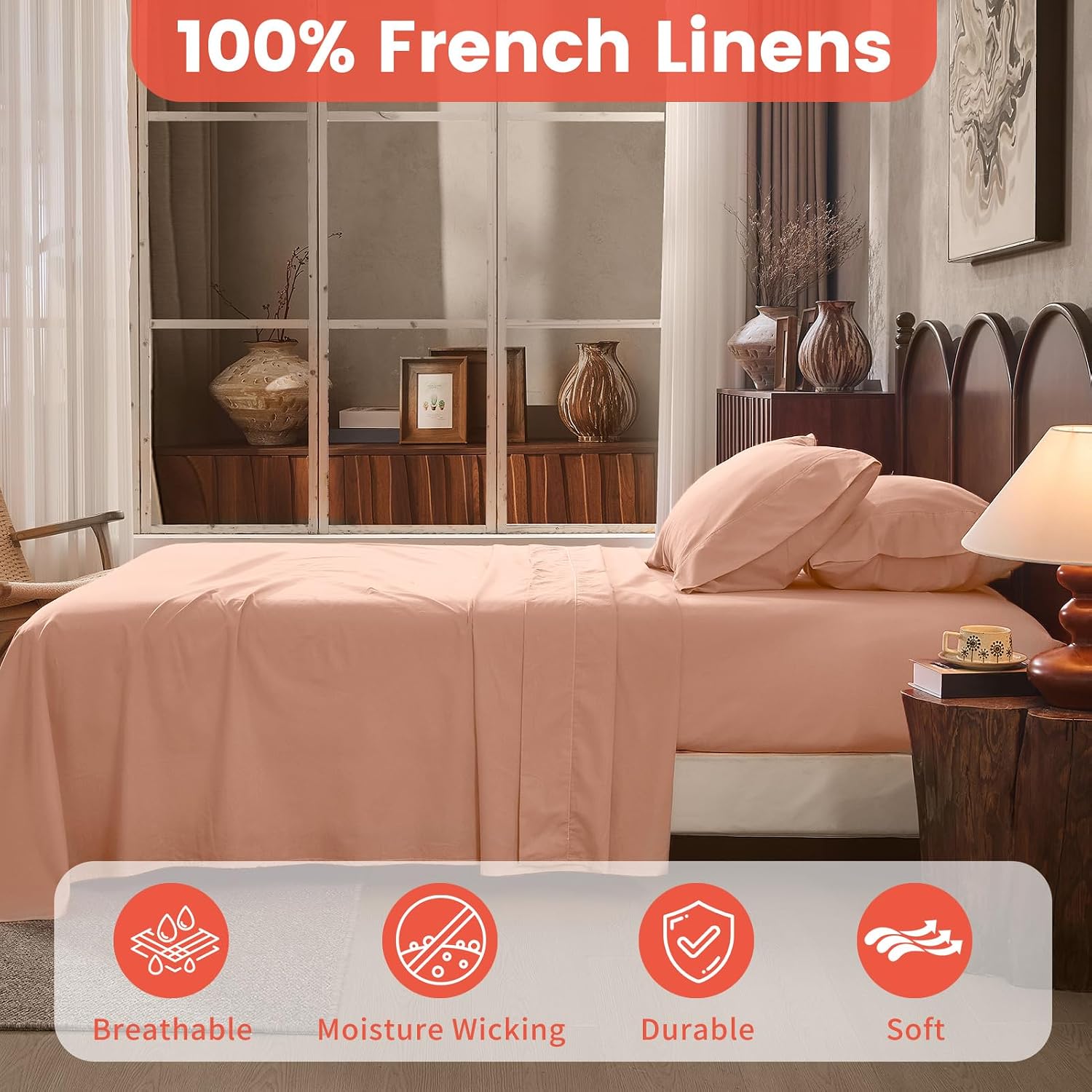 100% Linen Sheets Queen Size,Breathable & Durable 4-Piece Bed Flax Sheet Set,Soft All-Season Bedding for Hot Sleepers 16' Deep Pocket Oeko-TEX Certified,（Queen, Light Red）