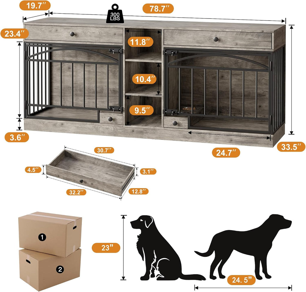 Garvee Dog Crate Furniture for 2 Dogs, Dog Kennel Indoor with Storage and Feeding Bowls, Double Dog Crate TV Stand for Small Medium Dogs, Grey