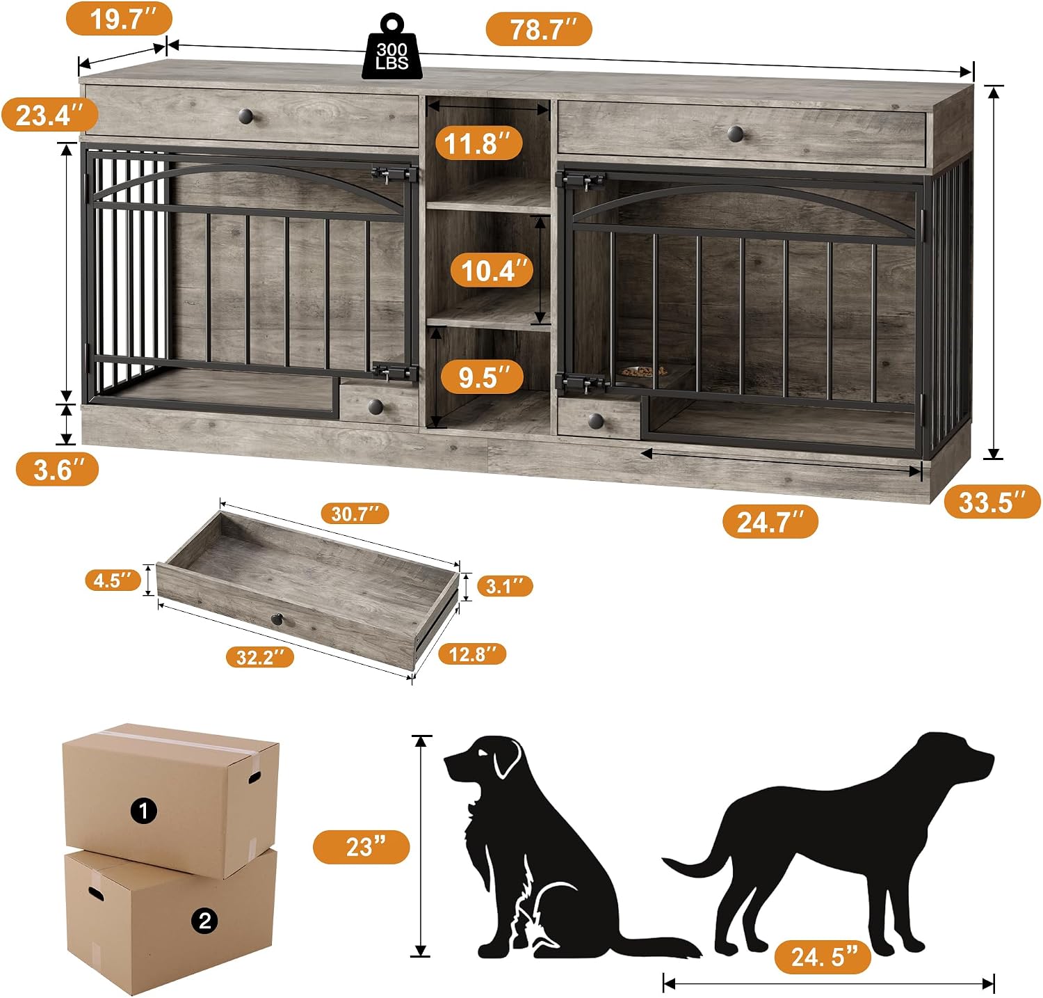 Garvee Dog Crate Furniture for 2 Dogs, Dog Kennel Indoor with Storage and Feeding Bowls, Double Dog Crate TV Stand for Small Medium Dogs, Grey