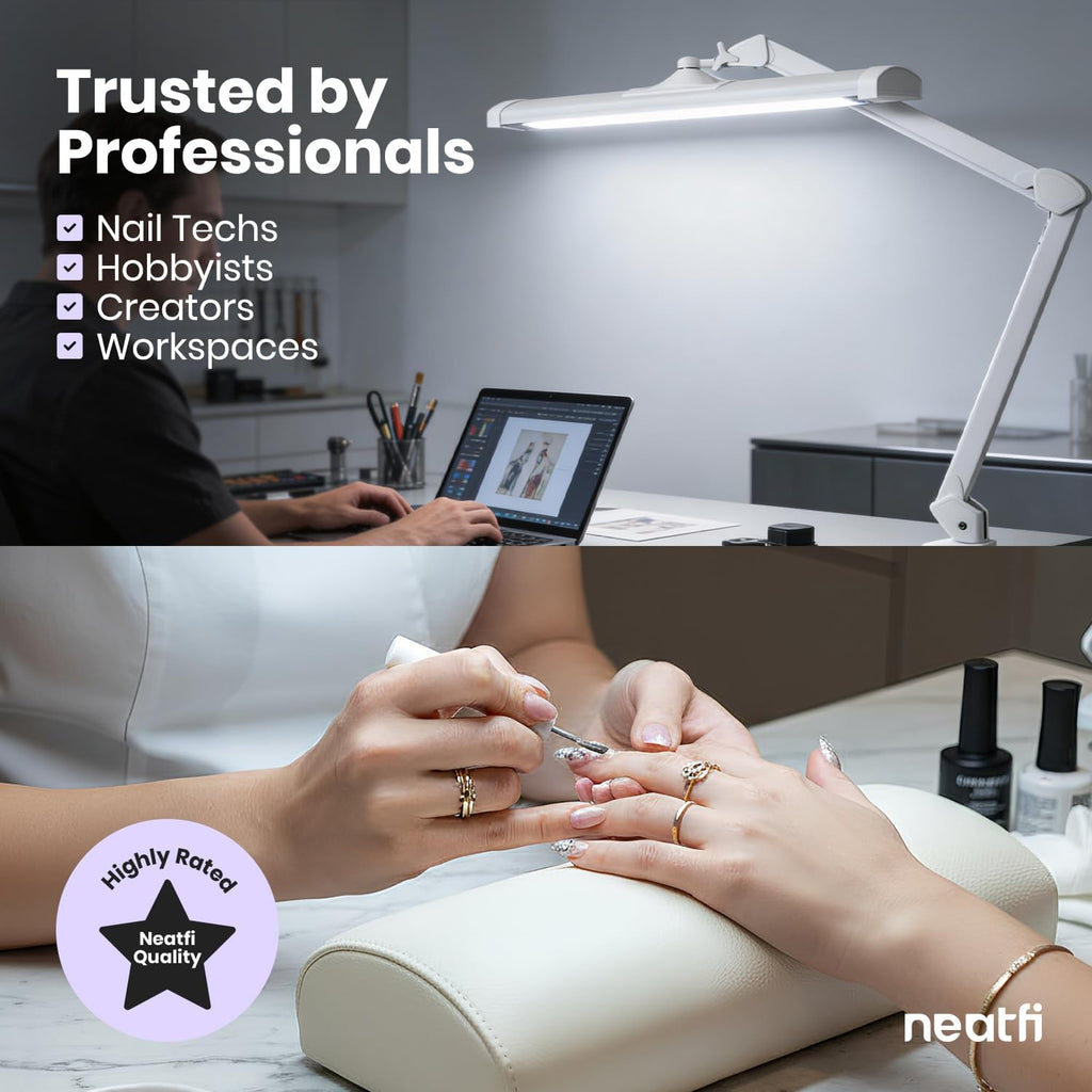 Neatfi 3,500 Lumens LED Desk Lamp with Base – 45W Dimmable | CCT - Adjustable Color Temperature | 3 Light Modes | 540 SMD LEDs | Reading, Craft, Workbench & Office (White-4, 26-Inch Wide Shade)