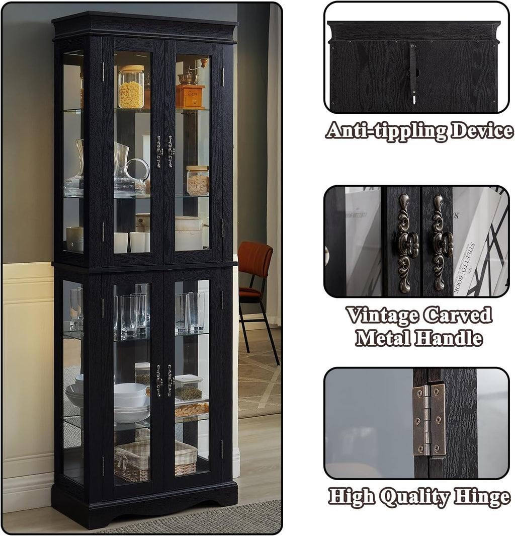 70'H Lighted Wooden Curio Cabinet, Freestanding Glass Display Case with Tempered Glass Door,Adjustable Shelves and Mirrored Back Panel, Decorative Storage Cabinet for Living Room,Office (Black)