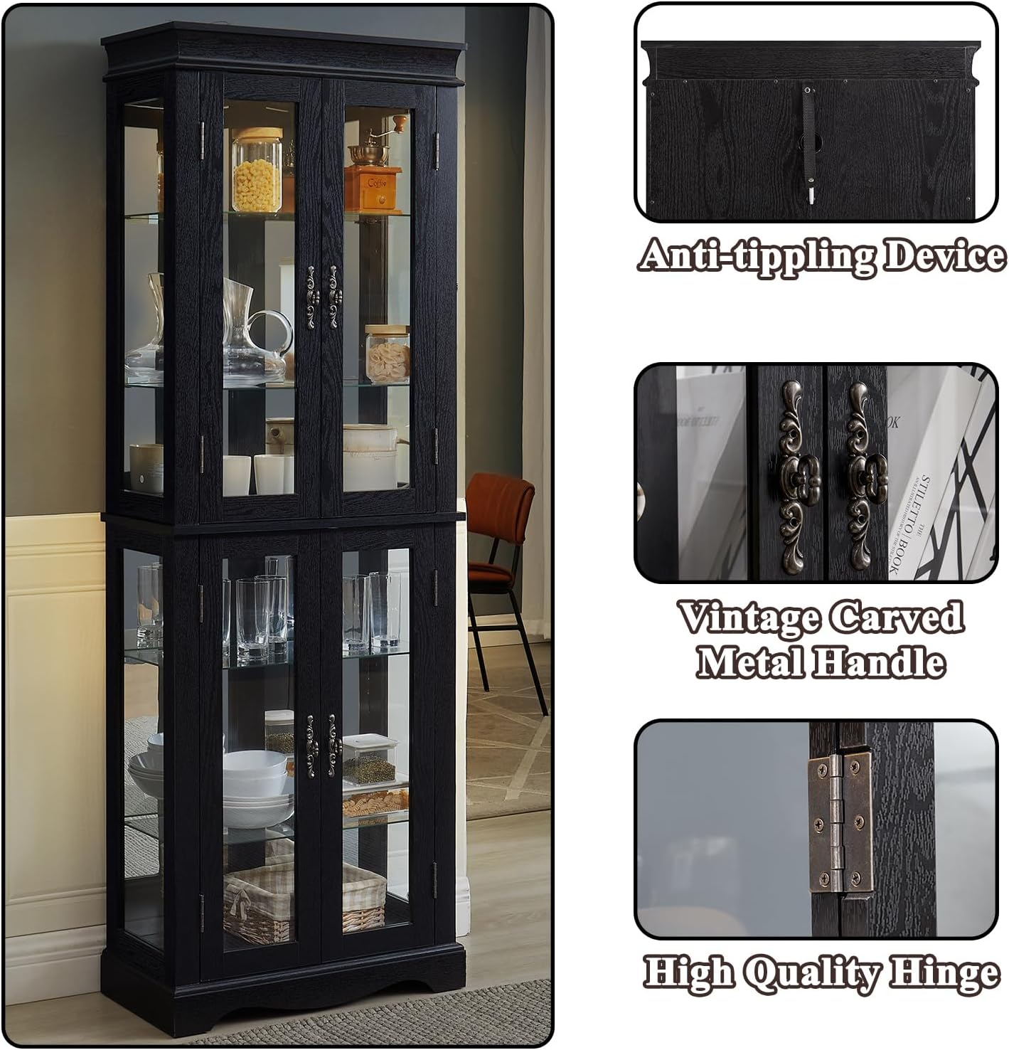 70'H Lighted Wooden Curio Cabinet, Freestanding Glass Display Case with Tempered Glass Door,Adjustable Shelves and Mirrored Back Panel, Decorative Storage Cabinet for Living Room,Office (Black)