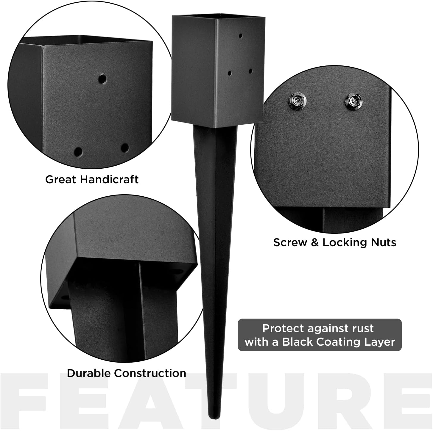 Fence Post Anchor 4''x4'', Heavy Duty Metal Fence Post Anchor Ground Spike 36''x4''x4'' for Fence, Mailbox, Bird feeder, Decking, Banner, with The Black Powder Coating Cover on The Surface (Set 8)
