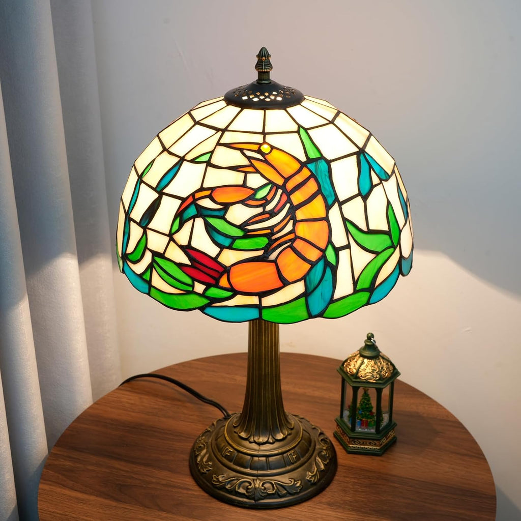 Tiffany Style Table Lamp with Orange Shrimp Stained Glass Lamp 12 Inch Retro Bronze Base Bedside Lamp Bedroom，Living Room, Bar,Cafe,Restaurant Hotel Coastal Style Decorative Ambient Light
