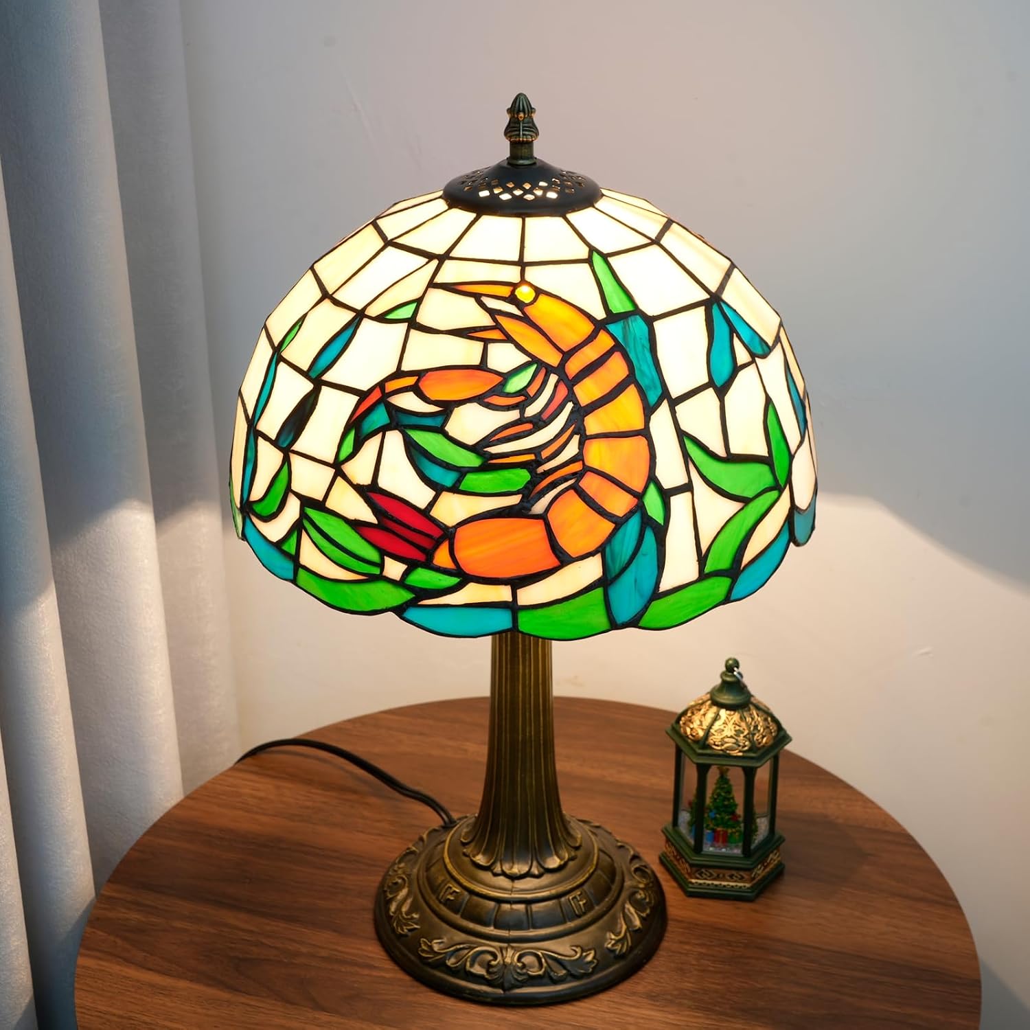 Tiffany Style Table Lamp with Orange Shrimp Stained Glass Lamp 12 Inch Retro Bronze Base Bedside Lamp Bedroom，Living Room, Bar,Cafe,Restaurant Hotel Coastal Style Decorative Ambient Light