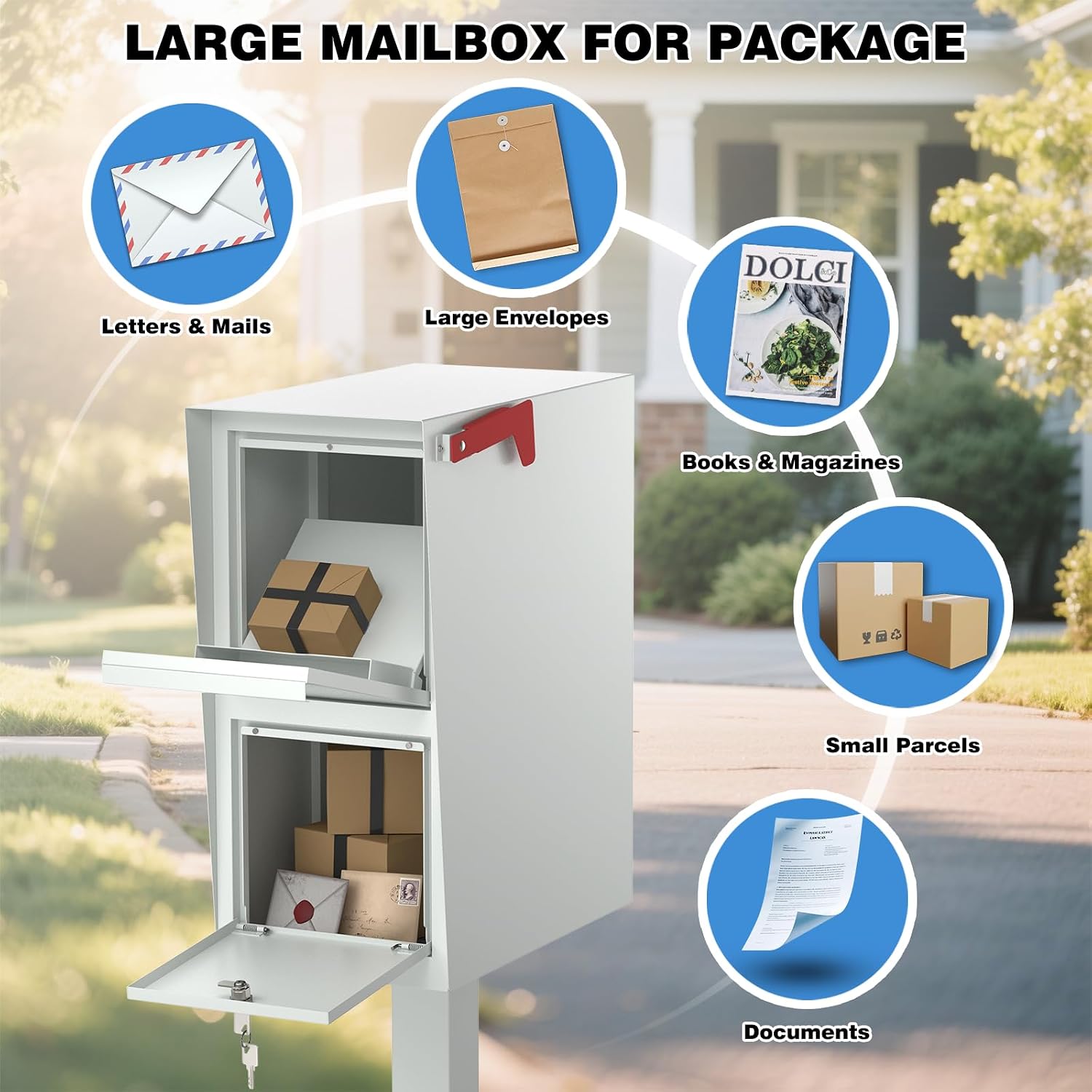 POCHAR Curbside Large Mailbox for Outside with Post - Locking Mailbox Post Mount with Base Plate - Weekend-Away Design Large Street Mail Box (White)