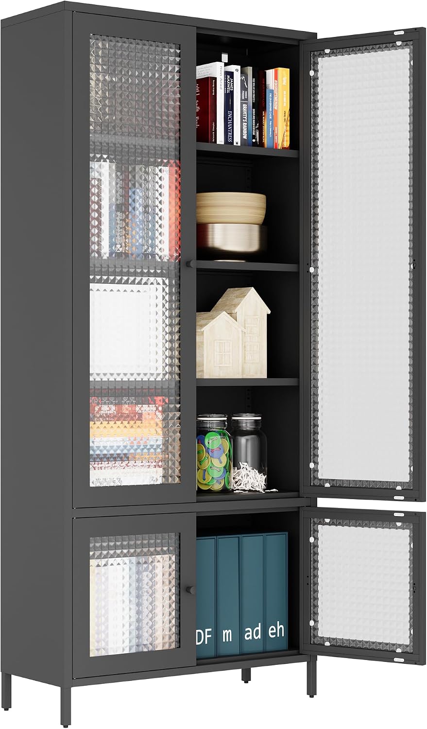 Large Metal Storage Cabinet Display Cabinet with 4 Glass Doors 5 Shelves Side Cabinet Bookcase Freestanding Cabinet for Bedroom Living Room Pantry Home Office - Black, Waffle-Grids Tempered Glass