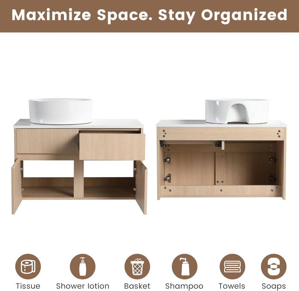 32 Inch Floating Bathroom Vanity with Sink, Modern Wall Mounted Cabinet, Ceramic Vessel Basin, 2 Soft Close Doors and 2 Drawer, White Oak