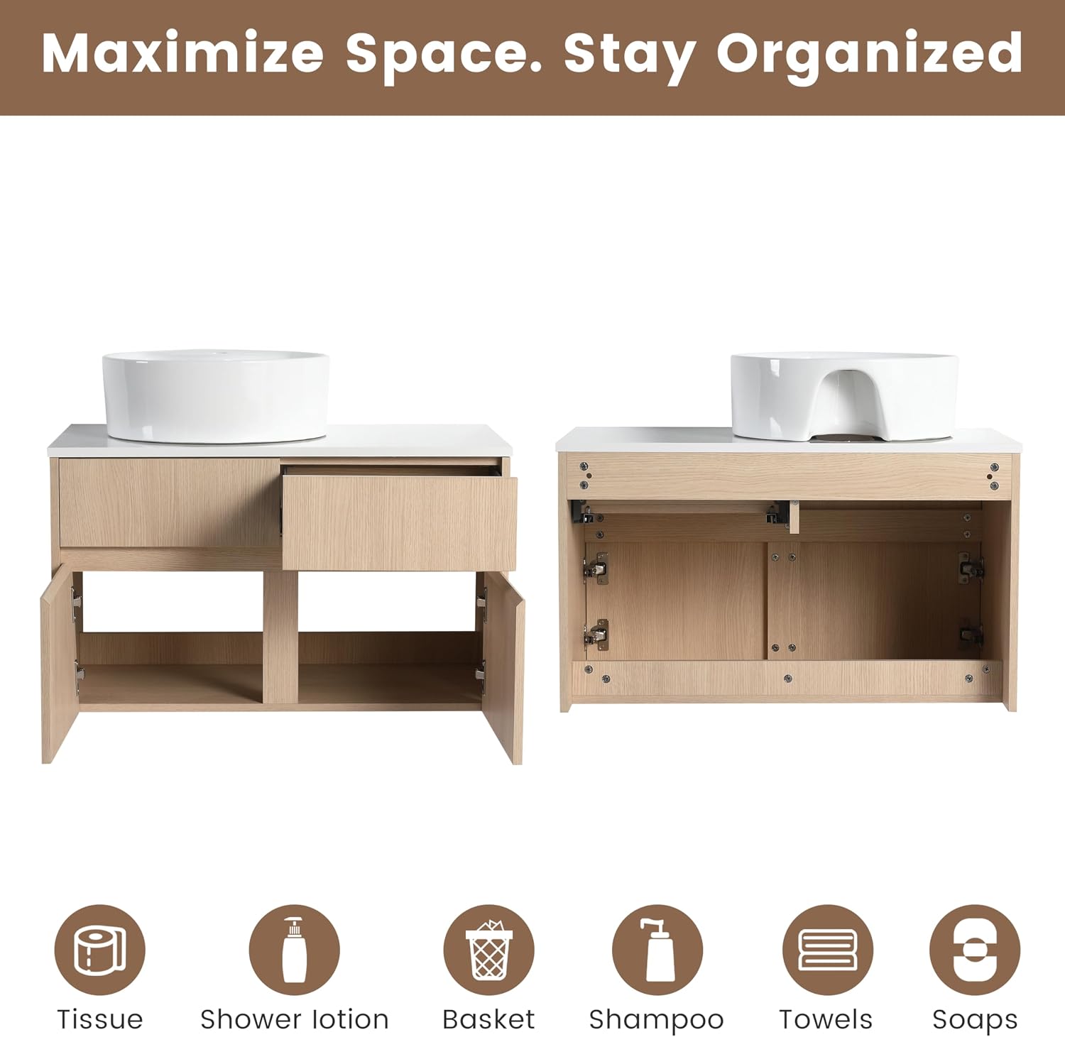 32 Inch Floating Bathroom Vanity with Sink, Modern Wall Mounted Cabinet, Ceramic Vessel Basin, 2 Soft Close Doors and 2 Drawer, White Oak
