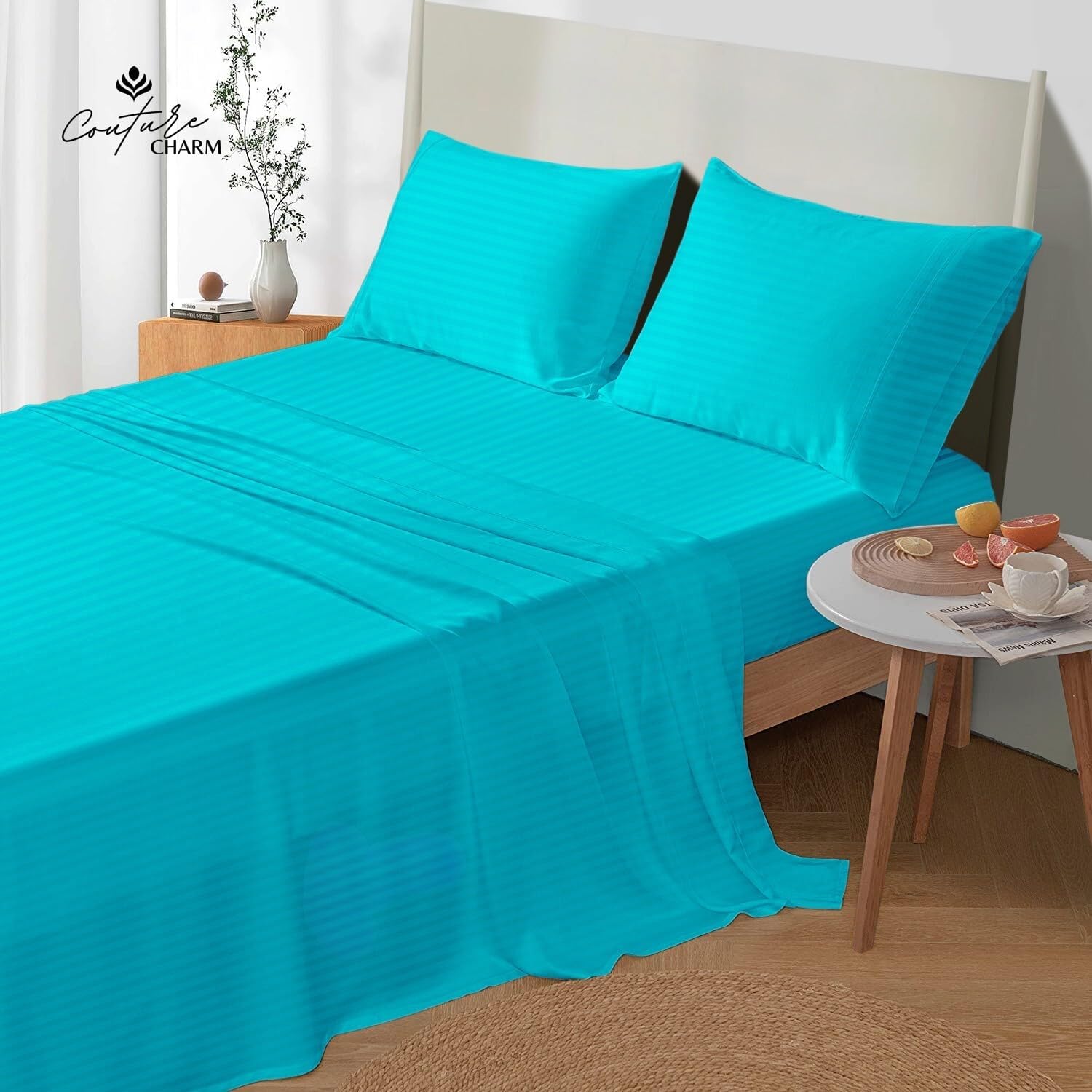 Queen Size 1000 Thread Count 100% Egyptian Cotton Sheet Set, 4-Piece, Sateen Weave, with 10-12'' Deep Pocket Snug Fit (Stripe, Turquoise)