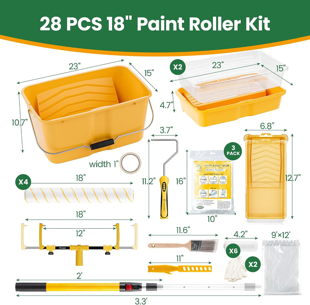 VOOMEY 28PC 18 Inch Paint Roller Kit, Paint Bucket,18' Paint Tray, 4 Inch Foam Paint Roller with 40 Inch Extension Pole,Ideal for Fast Large Area Painting Room and Small Area Detail Painting