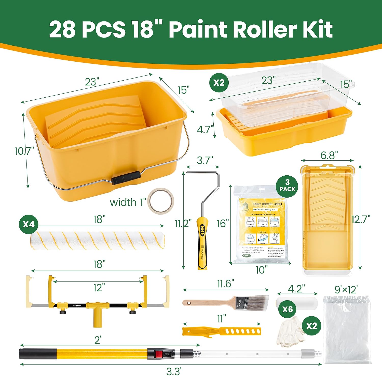 VOOMEY 28PC 18 Inch Paint Roller Kit, Paint Bucket,18' Paint Tray, 4 Inch Foam Paint Roller with 40 Inch Extension Pole,Ideal for Fast Large Area Painting Room and Small Area Detail Painting