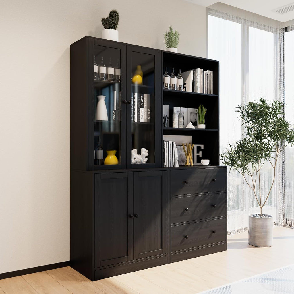 TUSY 71' H Bookshelf with Storage, 6-Tier Modern Bookshelves with 3 Large Drawer, Display Bookcase with Glass Doors, Modern 5-Tier Curio Cabinet for Home Office, Dining Room (Black, AB)
