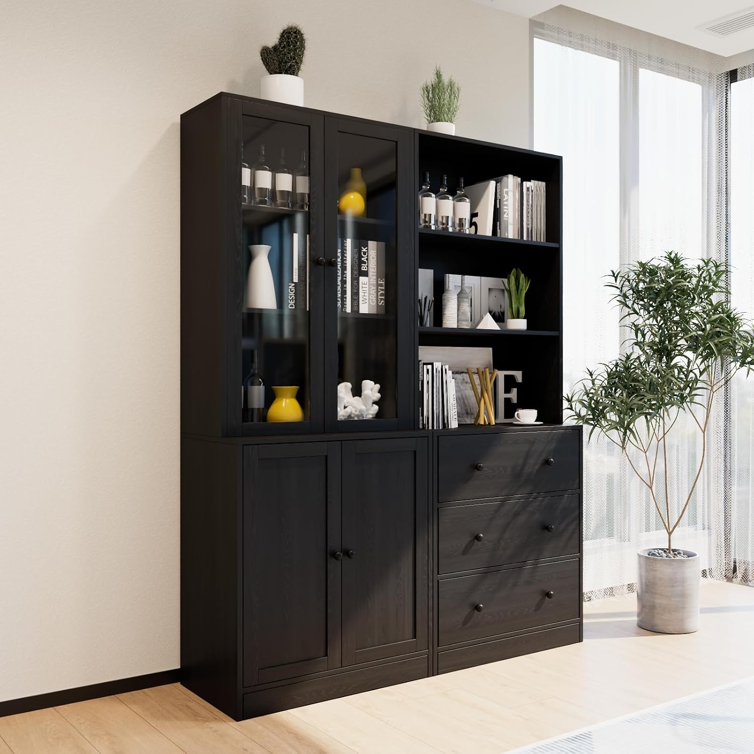TUSY 71' H Bookshelf with Storage, 6-Tier Modern Bookshelves with 3 Large Drawer, Display Bookcase with Glass Doors, Modern 5-Tier Curio Cabinet for Home Office, Dining Room (Black, AB)