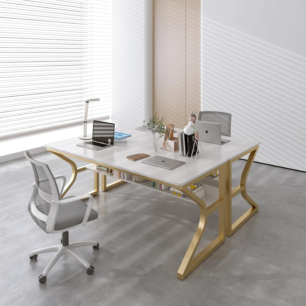 OSCHF Double Long Desk with Bookshelf - 55' Extra Long Writing Table for 2-Person Workstation, Modern Study Work Computer Desk for Home and Office, Gold