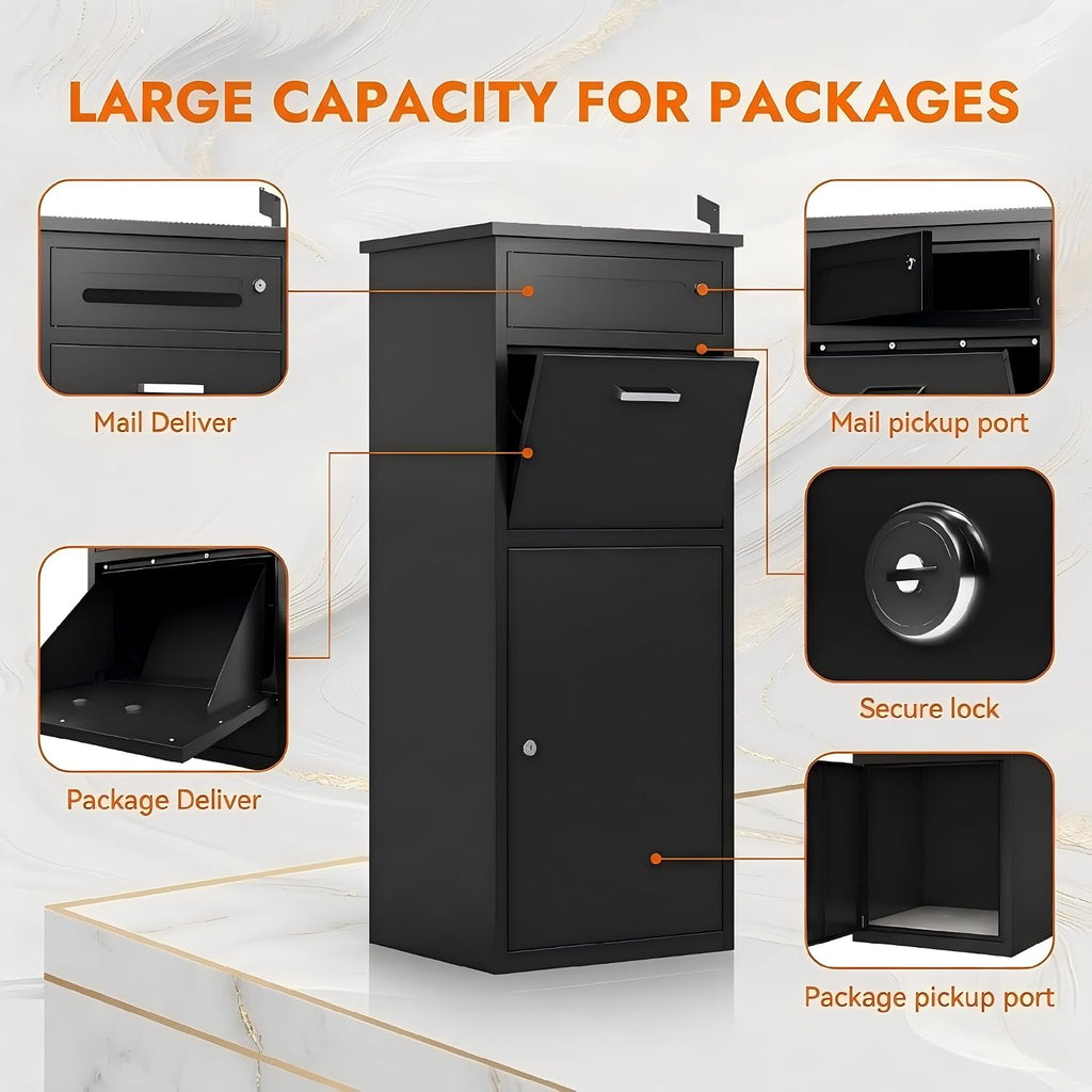 Package Delivery Boxes for Outside,44'H Steel Large Parcel Drop Box for Outdoor and Porches,Packages Mails Anti-Theft Waterproof Lock Box(Black,No Assembly Required)