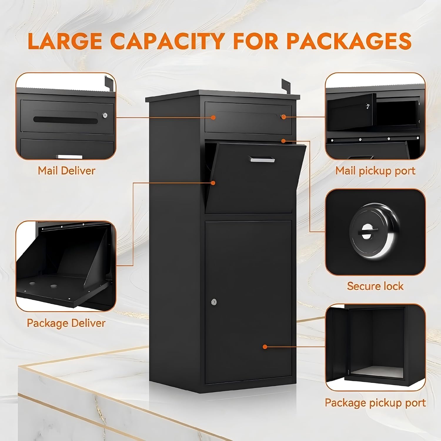 Package Delivery Boxes for Outside,44'H Steel Large Parcel Drop Box for Outdoor and Porches,Packages Mails Anti-Theft Waterproof Lock Box(Black,No Assembly Required)