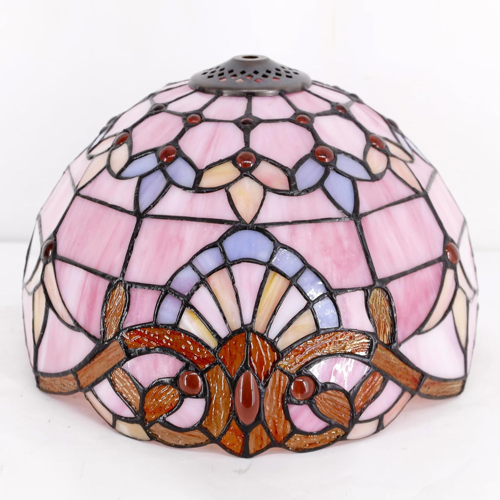 WERFACTORY Tiffany Lamp Stained Glass Table Lamp 12X12X18 Inch Pink Baroque Style Lavender Bedside Reading Desk Light Decor Bedroom Living Room Home Office S003P Series
