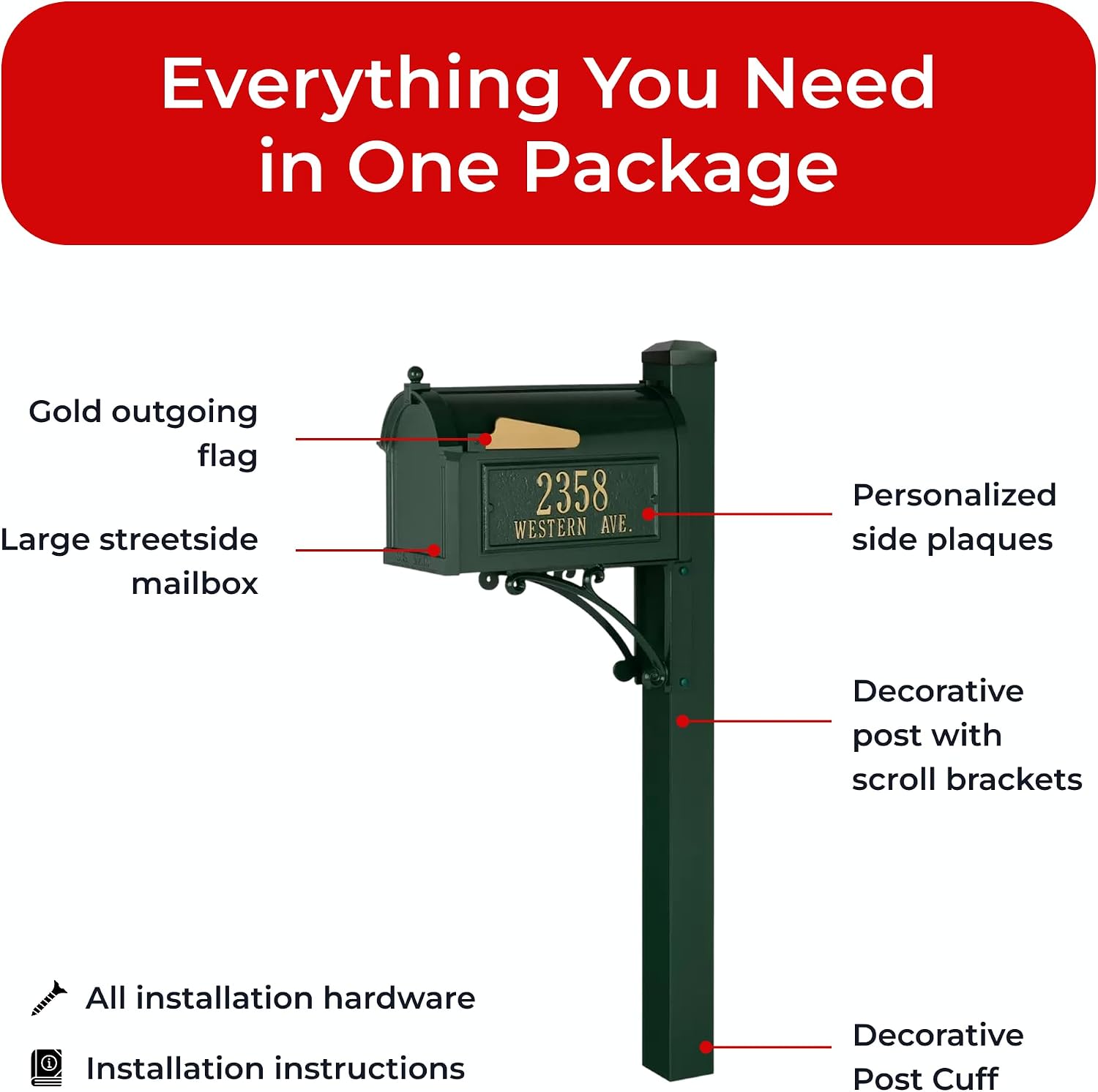 Whitehall Superior Mailbox Package Large Cast Aluminum Streetside Mailbox with Decorative Superior Post & Personalized Address Side Plaques Powder Coated Classic Green Mailpost