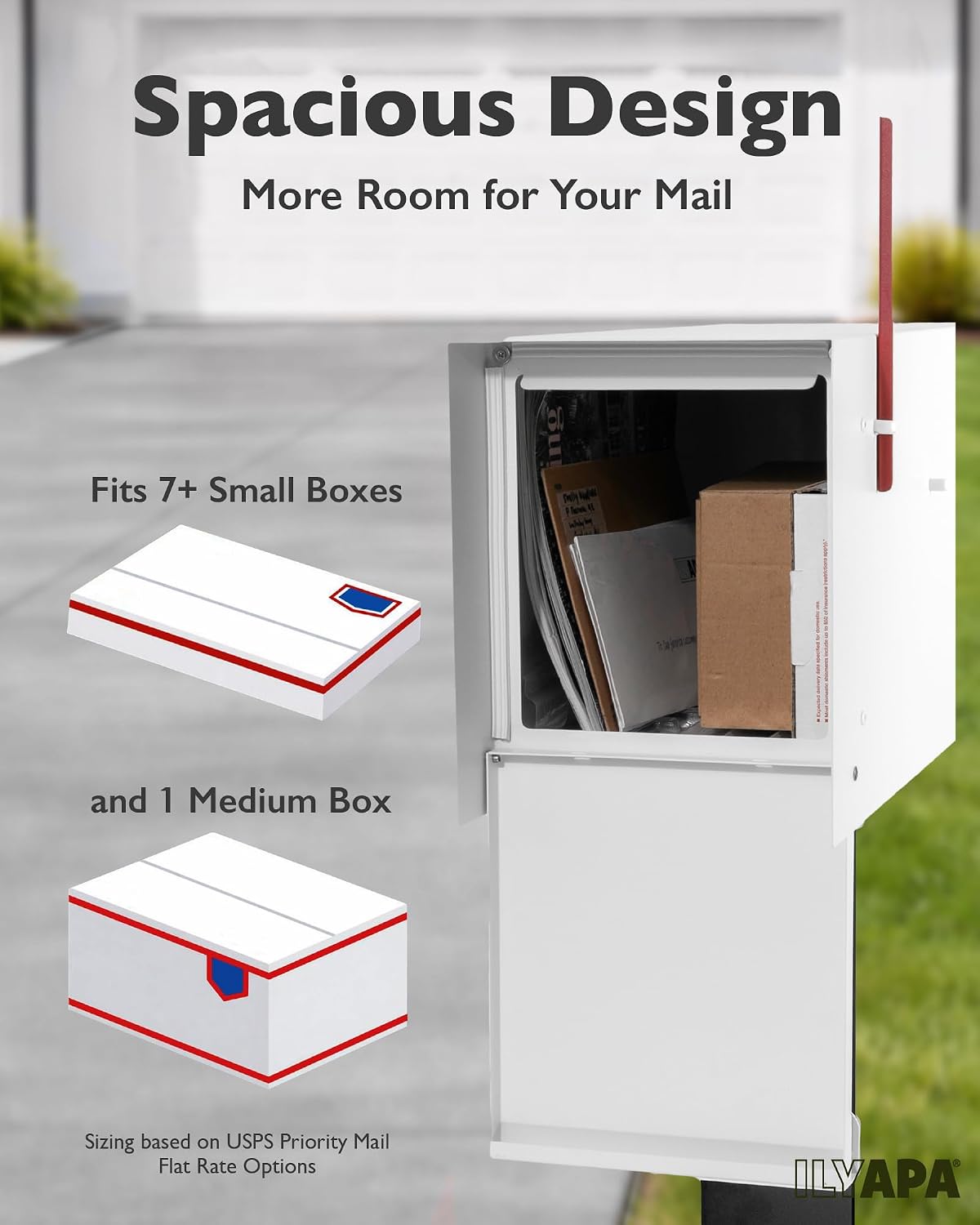 Ilyapa Modern Mailbox Post Mount - 21x8x10 White Metal Mailboxes for Outside, Heavy Duty Steek Mail Box Waterproof Letter Box for Parcels, with Recessed Magnetic Close Door