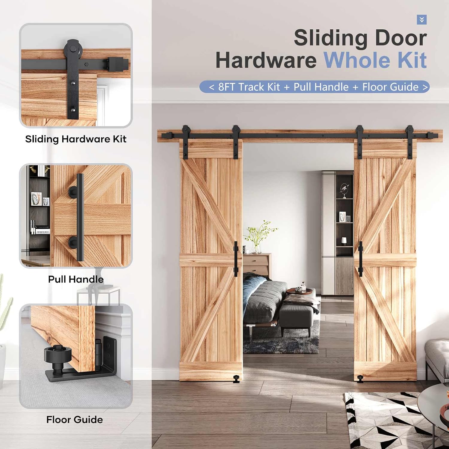 EaseLife 8 FT Double Sliding Barn Door Track and Handle Hardware Kit,Straight Pulley,Slide Smoothly Quietly,Easy Install (8FT Track Kit for 20'~24' Wide Double Door)